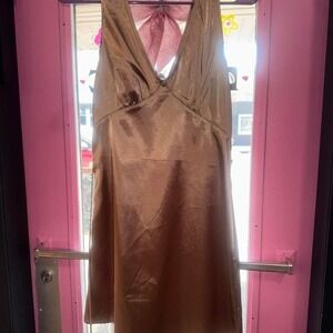 SHEIN Satin V-Neck Sleeveless Mini Dress Copper Silky Side Zip Party Cocktail S